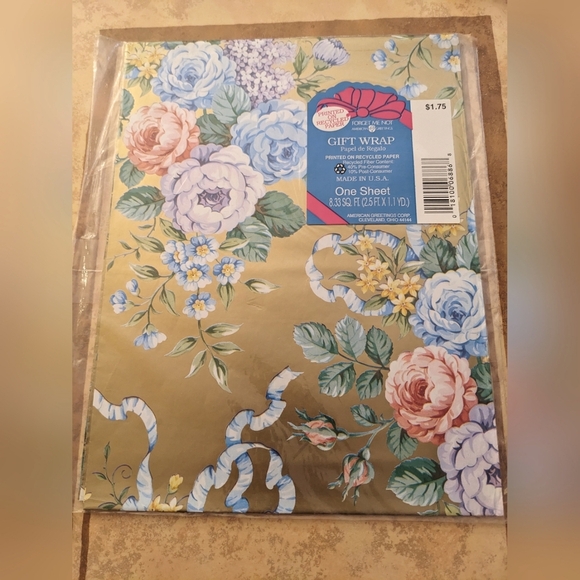 VTG Gift Wrap PaperAmerican Greetings Forget Me Not Floral Ribbon Gold Peony New - Picture 1 of 2